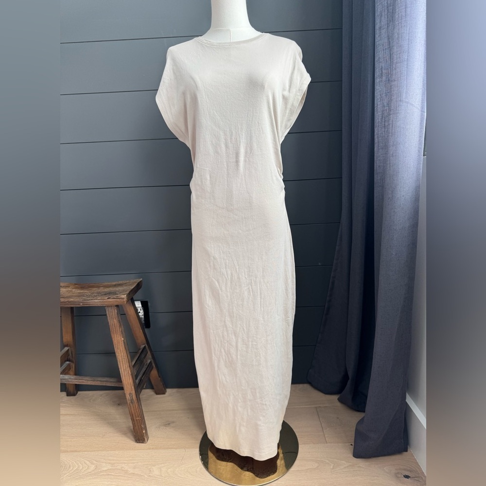 Mango MNG Cream Cotton Maxi Dress Side Ruching Casual Spring Resort Vacation